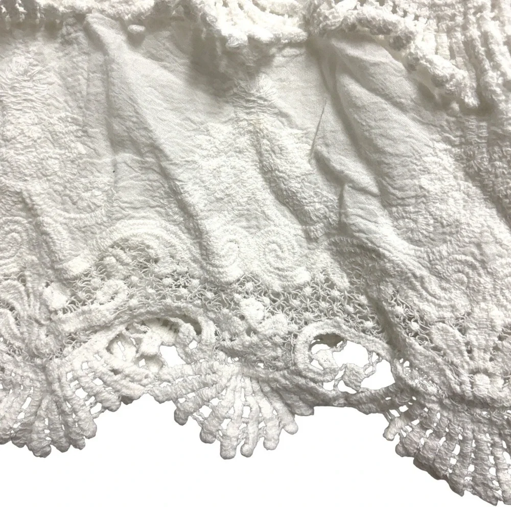 Free People Crochet Lace Embroidered White Blouse Boho Scalloped Tiered Medium